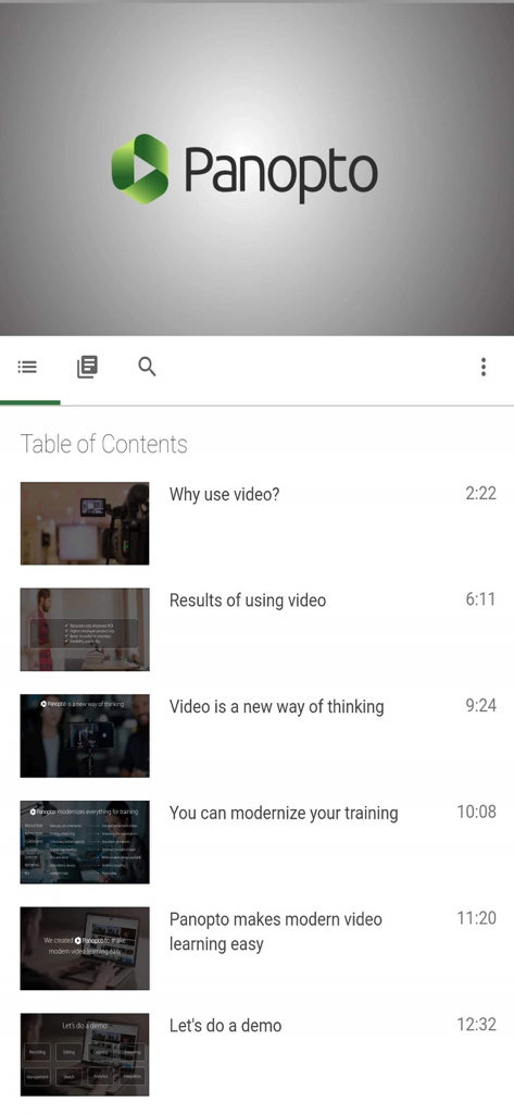 Panopto - Interface de l'application mobile Panopto présentant une table des matières avec des chapitres vidéo et des horodatages