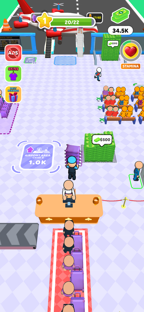 Top down view of airport management gameplay with passenger lines and currency stacks