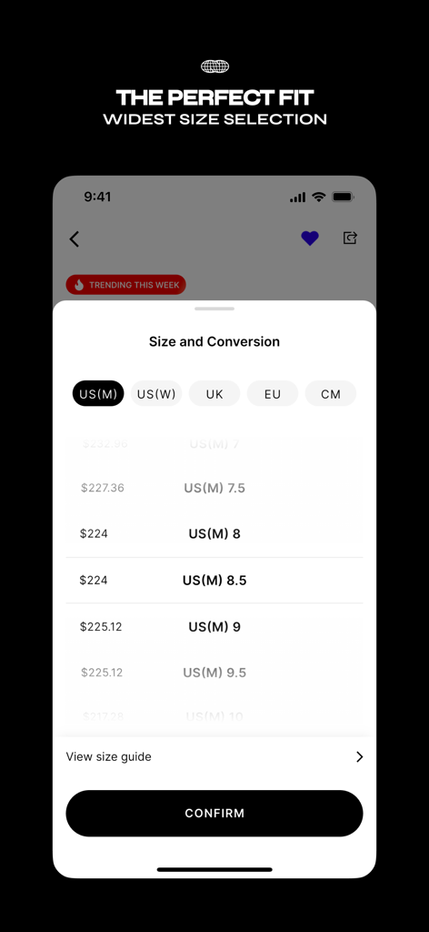 KICKS CREW mobile app displaying a size and conversion menu with various sneaker sizes and corresponding prices
