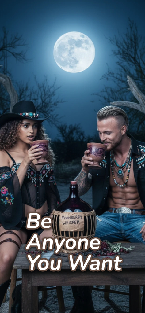 Deux personnages stylisés jouant un rôle dans un décor éclairé par la lune avec le texte Soyez qui vous voulez.