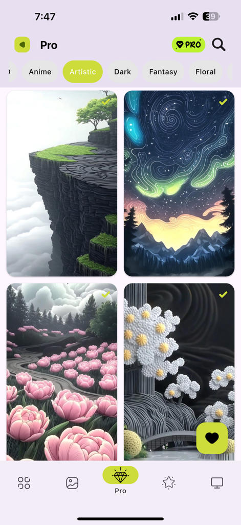 Walley 앱의 풍경과 추상 디자인을 포함한 프리미엄 예술 배경화면 선택.