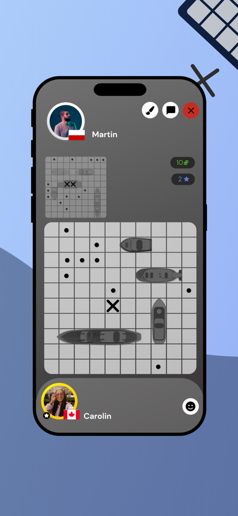 Warships Online - A mobile screen showing a naval combat match on a grid with two players in Warships Online