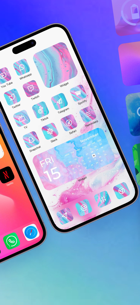 iPhone home screen featuring a pink and blue marble theme with matching custom icons and calendar widgets.
