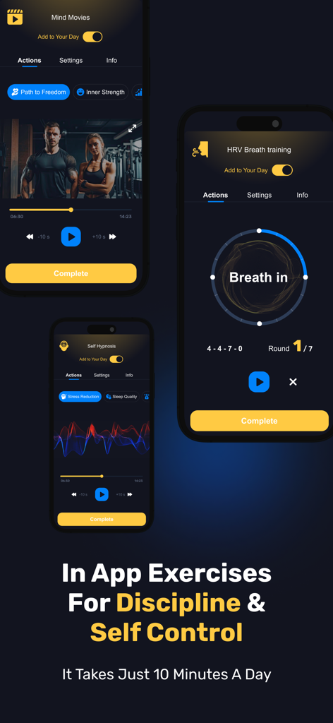 Soob - The Soob app interface showing three mental exercises including Mind Movies, Breath training, and Self Hypnosis for discipline and self control.