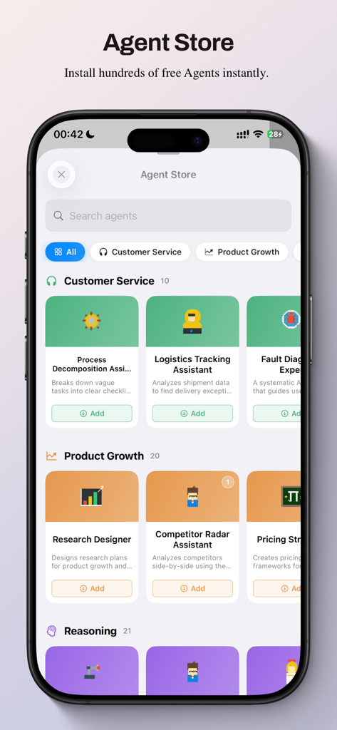 OneChats AI - La interfaz de la Tienda de Agentes de One Chats AI muestra categorías de asistentes de productividad como Servicio al Cliente y Crecimiento de Producto.
