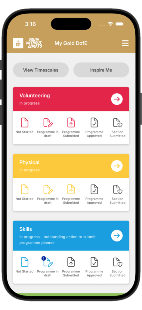DofE app dashboard showing progress tracking for volunteering, physical, and skills sections.