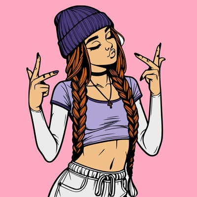 realistic teenage girl with braids and a beanie and crop top doing 🫶🏼