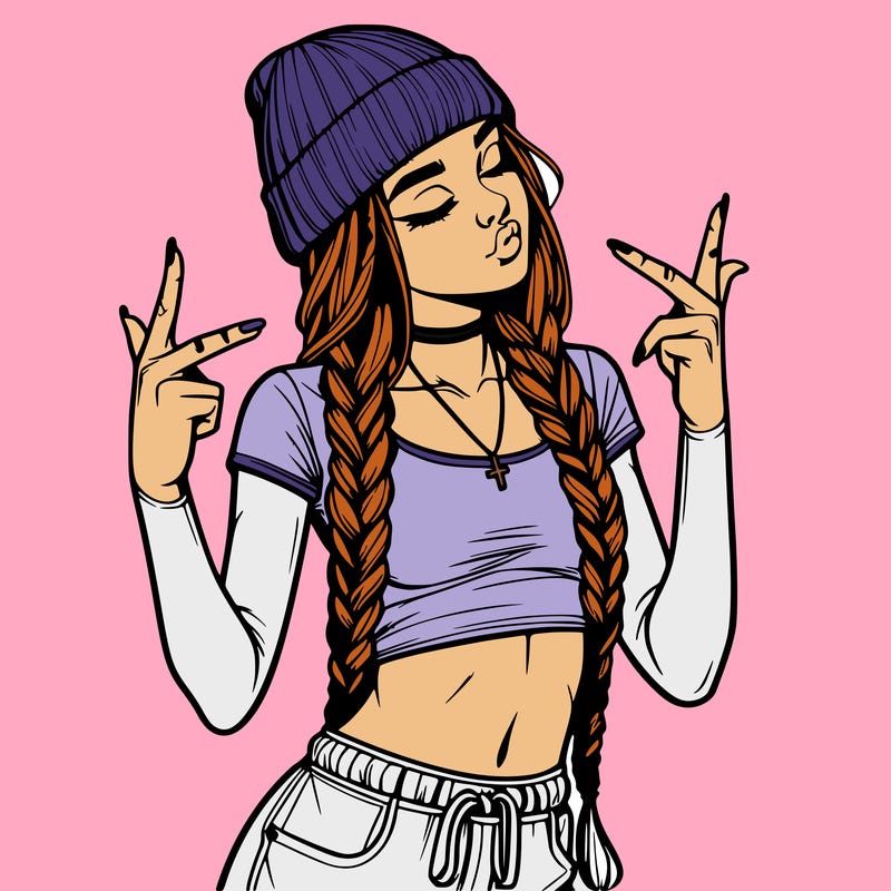 realistic teenage girl with braids and a beanie and crop top doing 🫶🏼