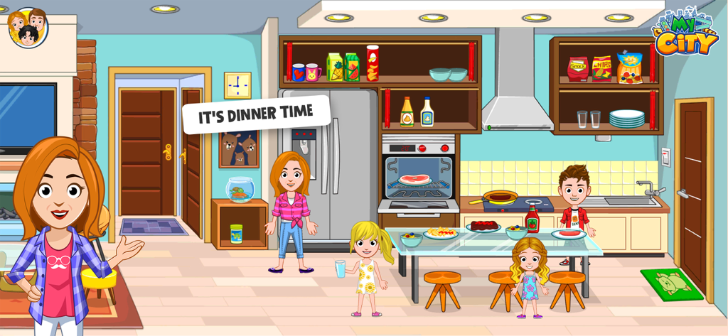 Personaggi familiari in una scena di cucina digitale dall'app My City Home.