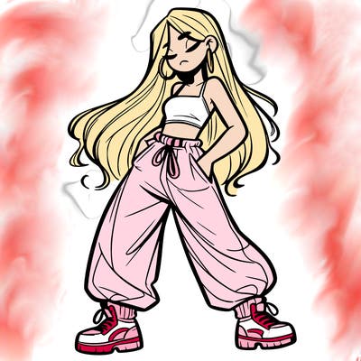 girl in baggy pants crop top and long hair