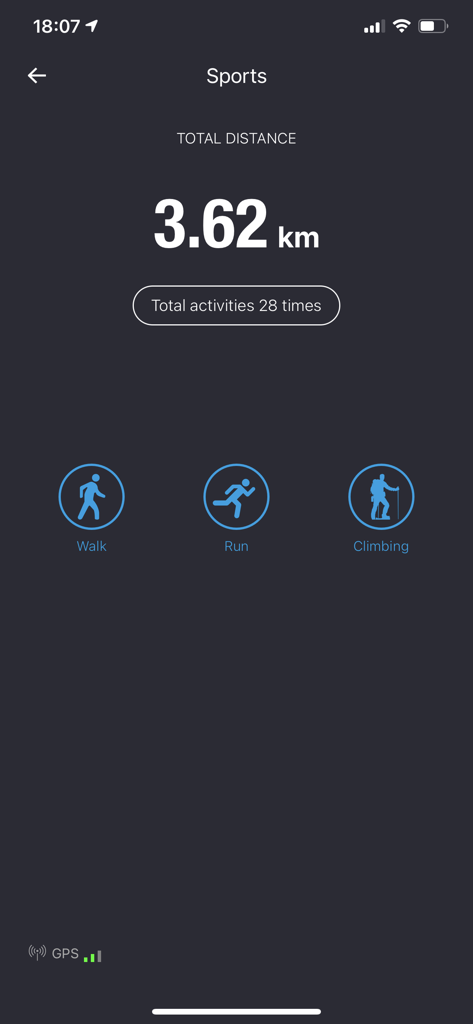 FitCloudPro - FitCloudPro sports screen displaying total distance and activity icons for walking running and climbing