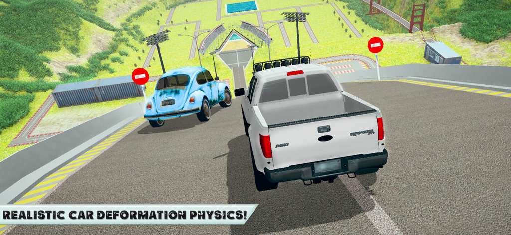 A white pickup truck and blue vintage car on a stunt ramp showing realistic deformation physics