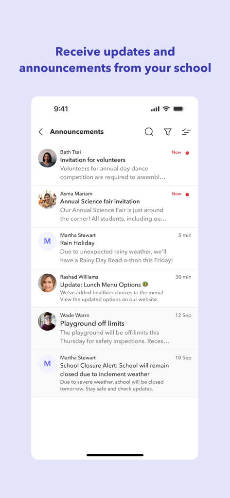 Toddle Family - Toddle Family app screenshot showing a list of school announcements and updates for parents