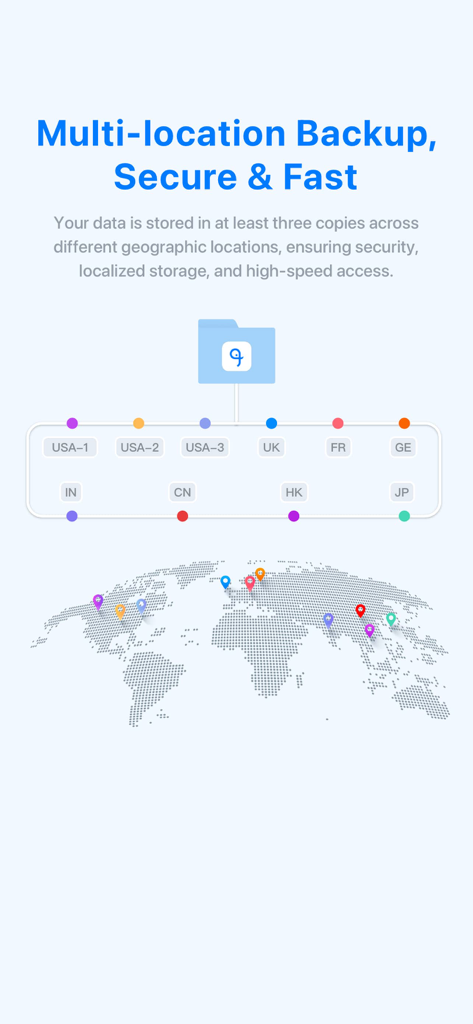 FEB (FebBox) – No ads, 1TB - Graphic showing FEB app multi-location backup with data centers across USA Europe and Asia for secure cloud storage