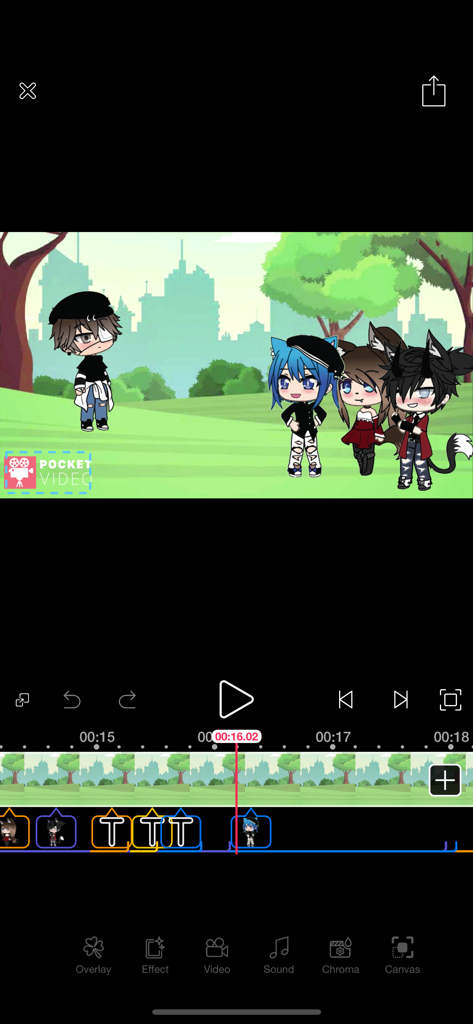 Gacha Animator - PocketVideo - Video editing interface of Gacha Animator showing a timeline and preview of Gacha characters in a park