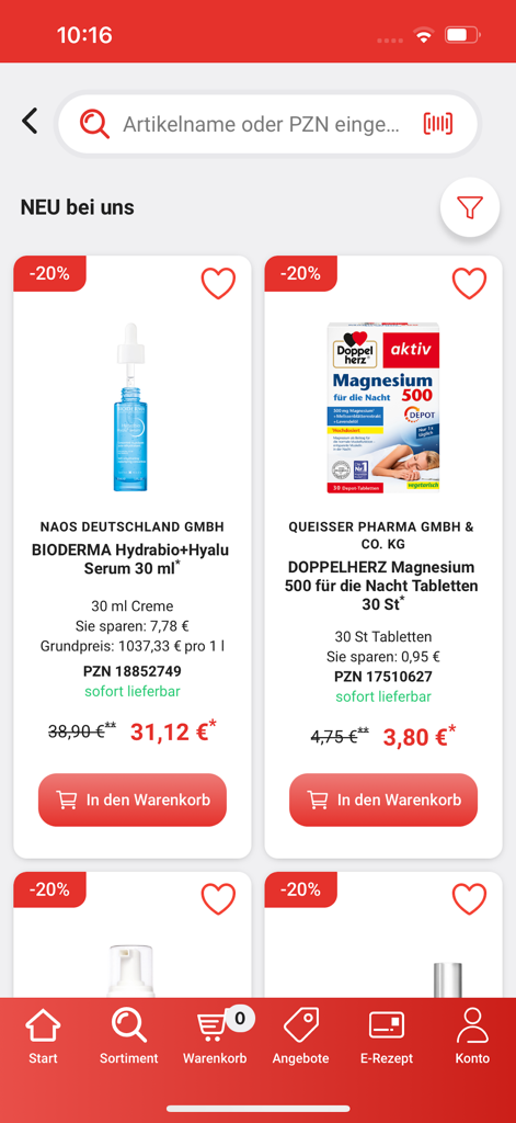 Pantalla del catálogo de productos de la aplicación apotal.de que muestra suplementos de magnesio y cuidado de la piel con descuento