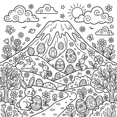 Embark on a delightful Easter journey to a whimsical Mount Kilimanjaro, where playful bunnies and beautifully decorated eggs bring the spirit of spring to life. This charming coloring page is perfect for celebrating the season with creativity and joy.