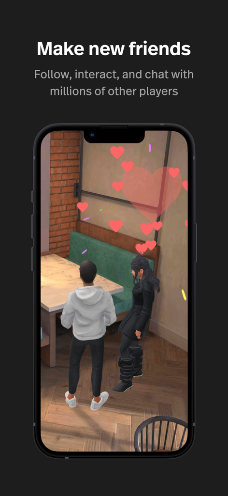 Spatial - Two 3D avatars chatting in a virtual cafe environment with floating heart icons on the Spatial app.
