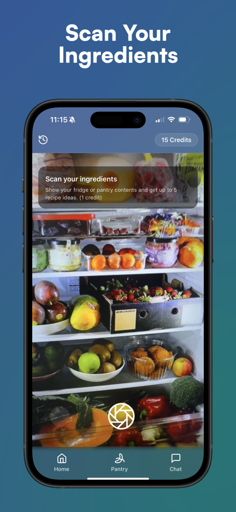 Cooksy - AI Recipe Generator - Cooksyアプリが冷蔵庫をスキャンしてAIビジョン技術で食材を識別している様子を示すスマートフォンの画面