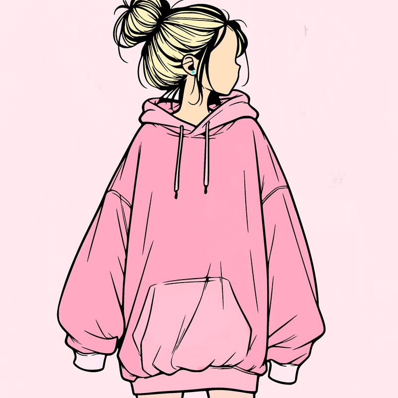 realistic girl with a oversized sweatshirt on and a bun
