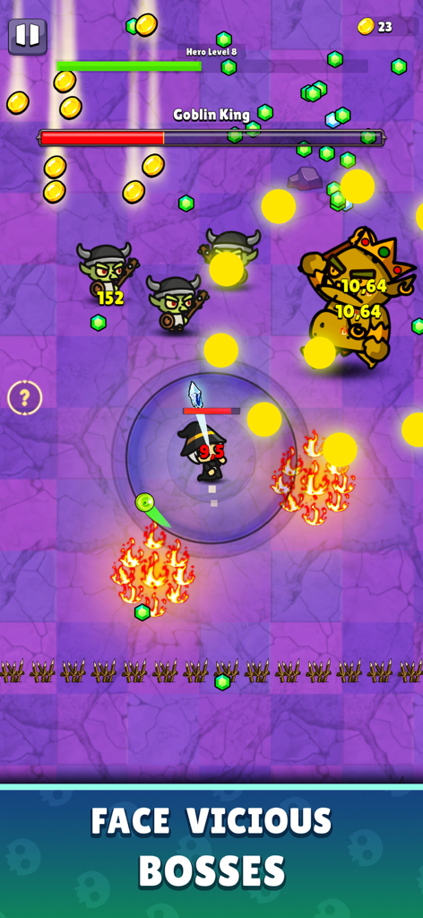 Rise of Necromancer - Gameplay de Rise of Necromancer que muestra a un personaje héroe luchando contra el jefe Rey Goblin con hechizos de fuego.