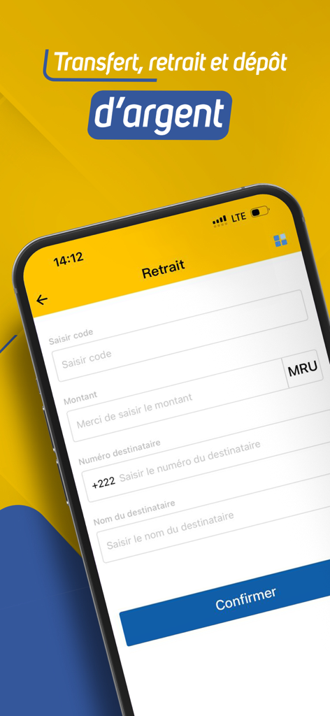 Moov Money Agent - Interface do aplicativo Moov Money Agent mostrando uma tela de transação de saque com campos para valor e detalhes do destinatário
