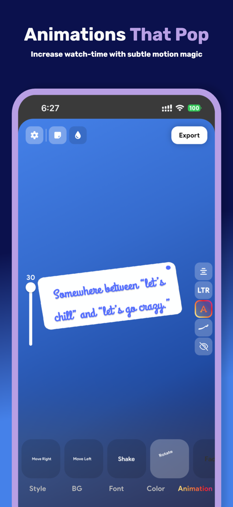 Interface of Fonta app showing text animation options like shake and rotate for Instagram stories.