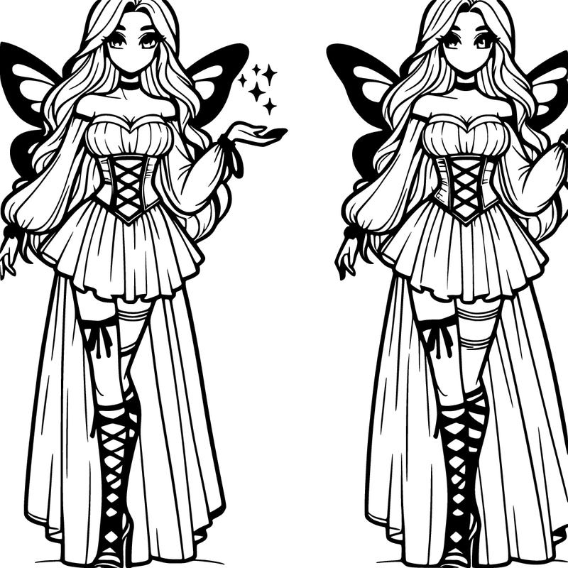 tall realistic woman with long hair, corset with long pofy sleeves, a skirt, gladiator sandals, and butterfly wings with magic sparkles in her hands