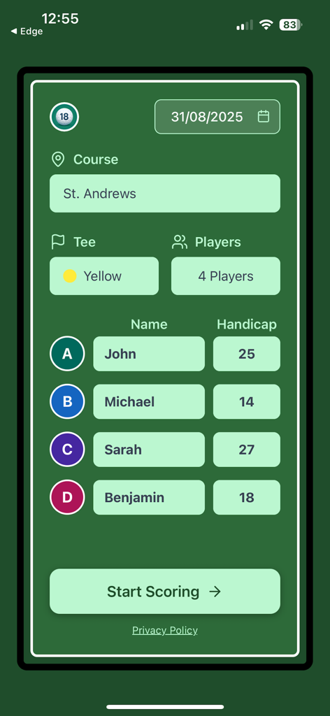Shots2Points app screen for setting up a golf round including course name player names and handicaps