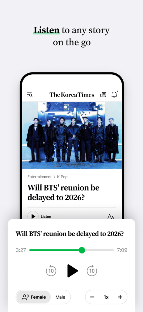 The Korea Times - The Korea Times app interface showing an audio player for a news story about BTS