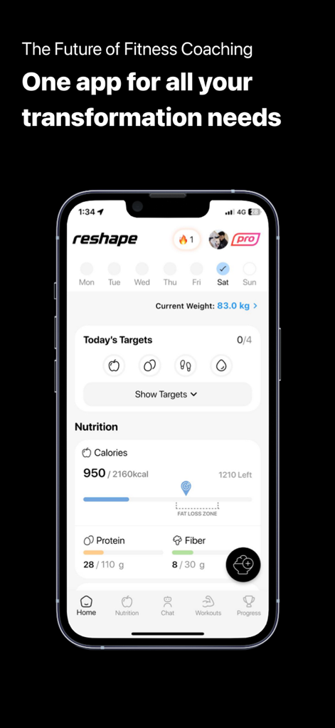 Reshape – Fat Loss & Fitness - A smartphone screen displaying the Reshape app dashboard with daily nutrition and fitness progress