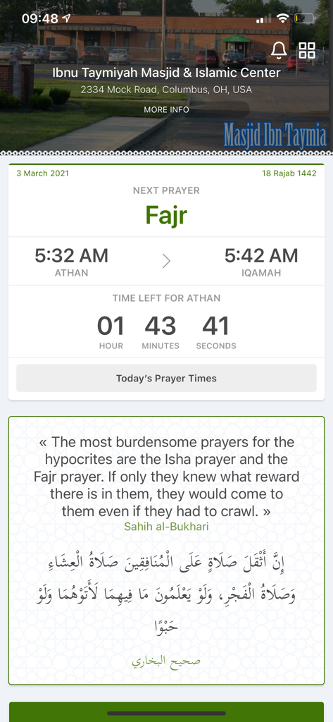 Ibnu Taymiyah Masjid - Ibnu Taymiyah Masjid app interface showing Fajr prayer times and a daily hadith quote
