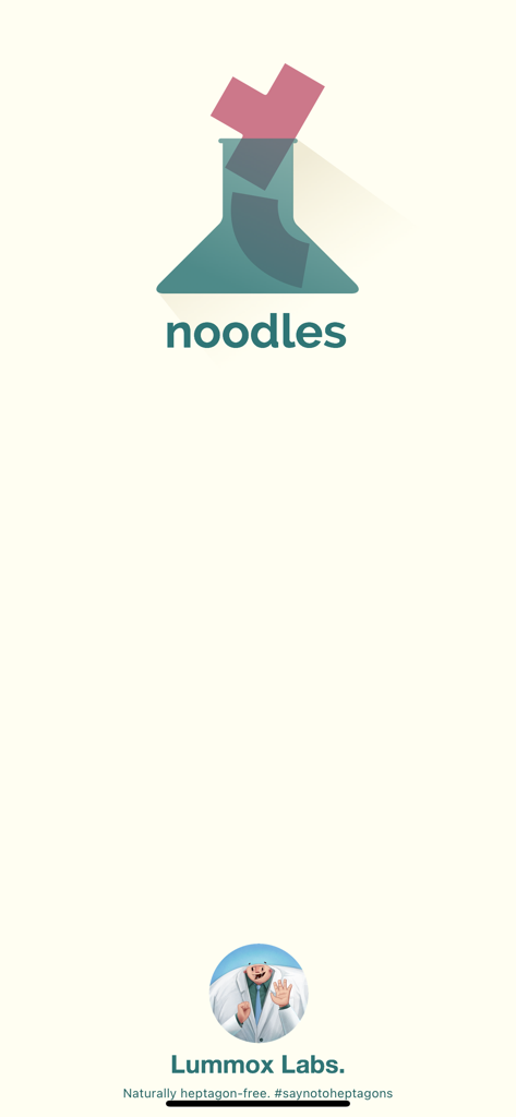 Noodles! - Minimalist splash screen for the Noodles puzzle game featuring a beaker icon and the Lummox Labs logo