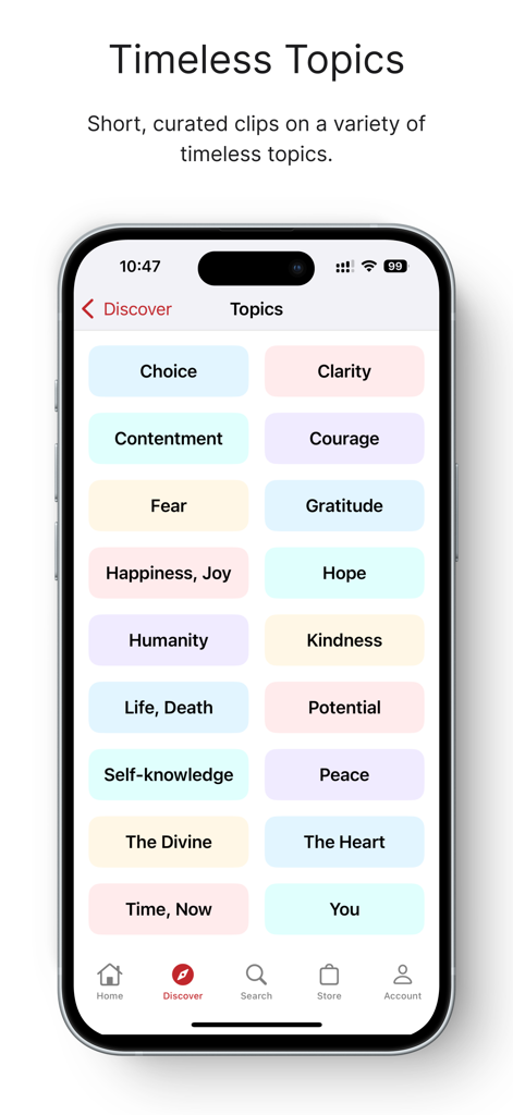 TimelessToday app interface showing a list of inspirational categories including Peace Clarity and Gratitude