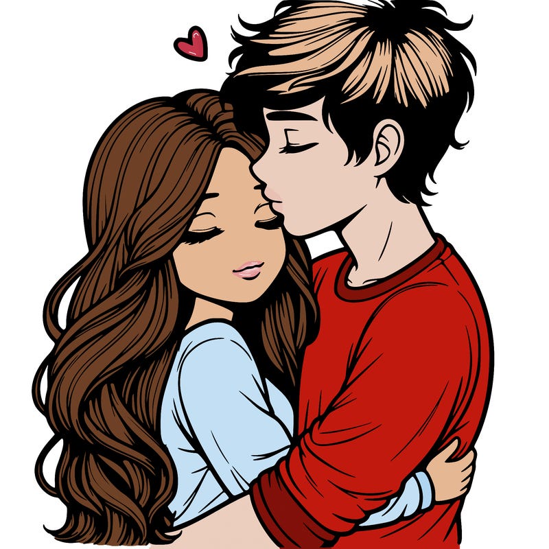 a realistic couple boy and girl hugging and kissing