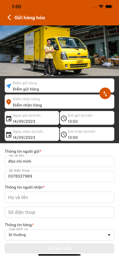Futa Hà Sơn - The cargo shipping request form in the Futa Ha Son app featuring a yellow delivery truck and shipping details
