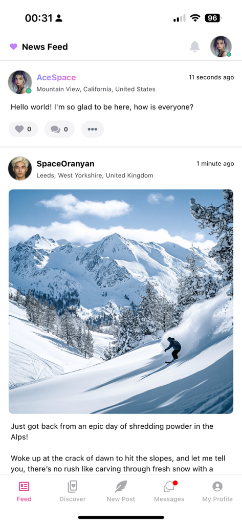 AceSpace: Dating & Friendships - AceSpace app news feed showing a user post with a photo of snowy mountains and a message from the community admin