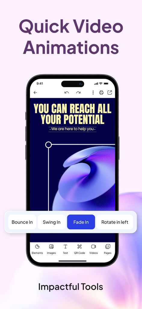 Fluer app interface displaying video animation effects like Fade In for creative designs