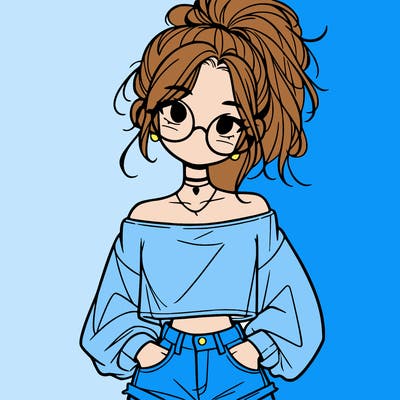 girl with a messy ponytail glasses a baggy crop top and jean shorts