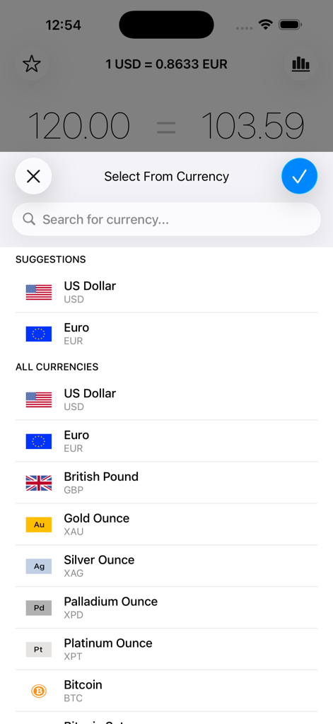 My Currency Converter & Rates - Screen for selecting currencies featuring USD Euro British Pound and Bitcoin options