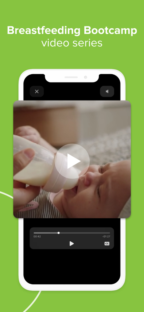 Ovia Parenting app screen showing the Breastfeeding Bootcamp video series featuring a baby being fed