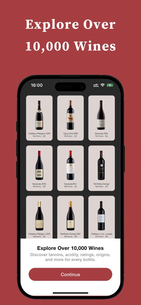 Interface do aplicativo Wine Scanner mostrando uma grade de garrafas de vinho premium e um título para explorar mais de 10000 vinhos