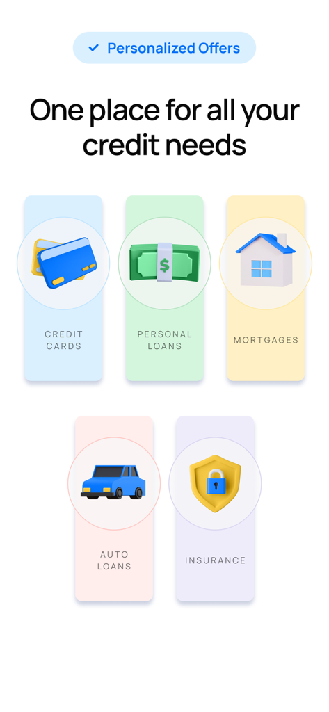 Credit Sesame app interface showing personalized offers for credit cards, personal loans, mortgages, auto loans, and insurance.