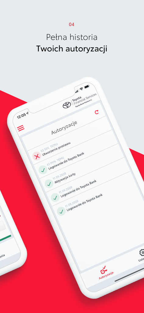 Der Bildschirm mit dem Autorisierungsverlauf in der Toyota Bank Mobile-App, der eine Liste der letzten Anmelde- und Transaktionssicherheitsprotokolle anzeigt.