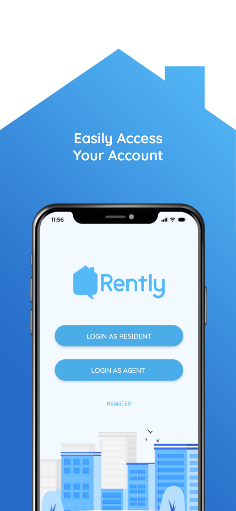 Rently Smart Home - Rently Smart Home app login screen with resident and agent access buttons.