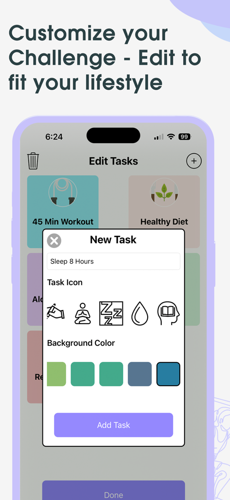 75 Soft Challenge: 75 Days - A screen from the 75 Soft Challenge app showing how users can customize their daily tasks and lifestyle goals