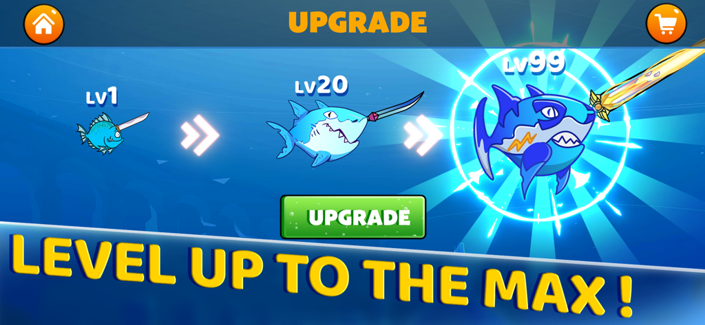 Fish IO: Be the King - A screen showing the upgrade progression of a shark character from level 1 to level 99 in Fish IO.