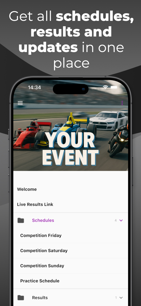 Sportity - Sportity app interface on a smartphone showing schedules and results for a racing event