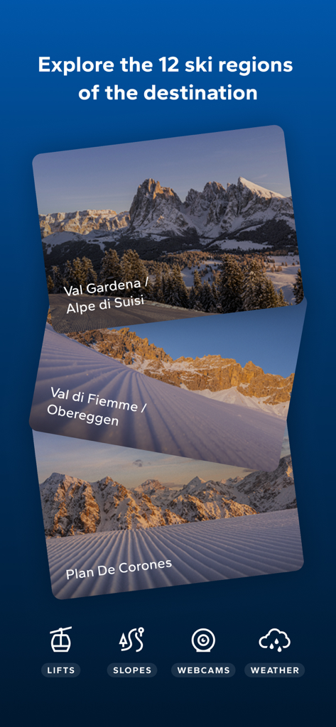 My Dolomiti Winterアプリのインターフェース、リフト、ゲレンデ、ライブカメラ、天気のナビゲーションアイコン付きの12のスキー地域を探索する画面を表示