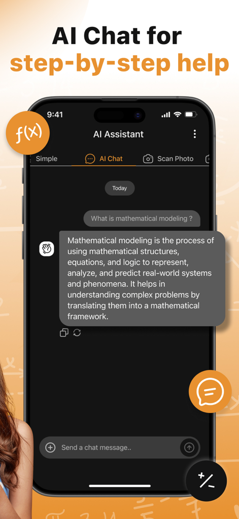 Screenshot of an AI Chat interface in a math app providing a step-by-step explanation of mathematical modeling